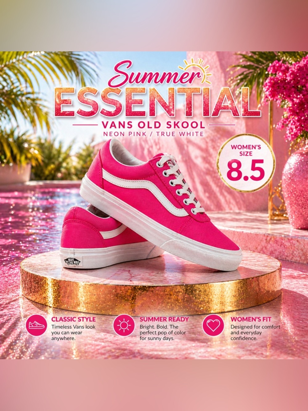Vans Old Skool Neon Pink True White Low Top Sneakers Women’s 8.5
